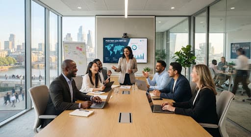A diverse global workforce collaborating